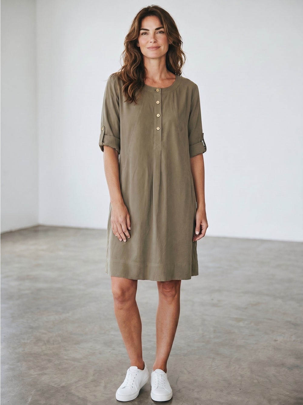 New J. Jill 100% Silk Olive Button Front Roll-Tab Sleeve Mini Dress Size M